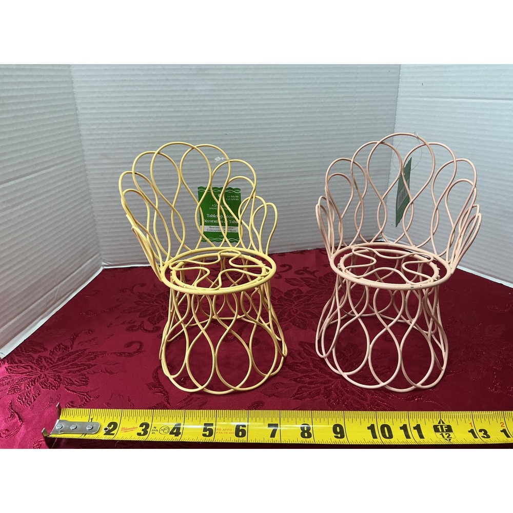 Ashland Spring Tabletop Decor Wire Chair Plant Stand Set Yellow Pink Pastel 2pc